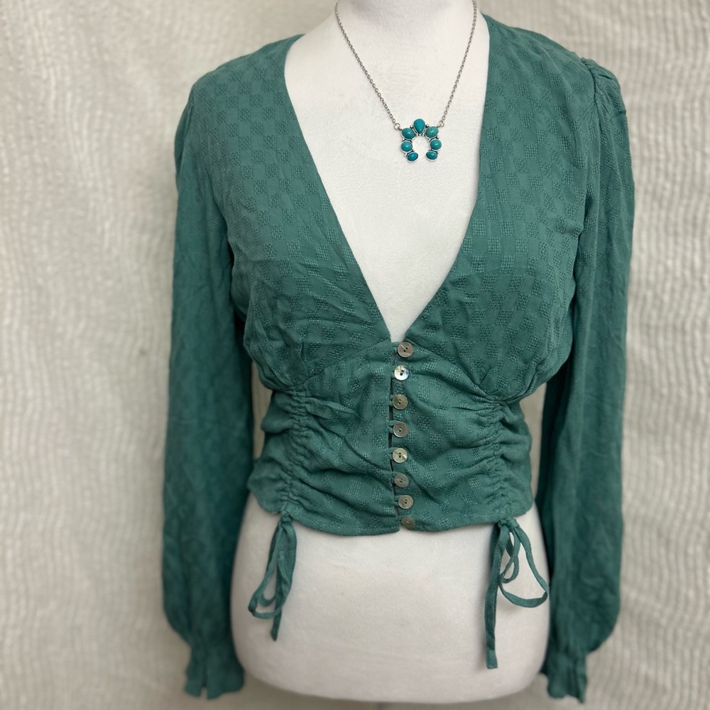 Boho Green Top Size Medium Button Detail NWOT Long Sleeve Peasant Teal Shirt